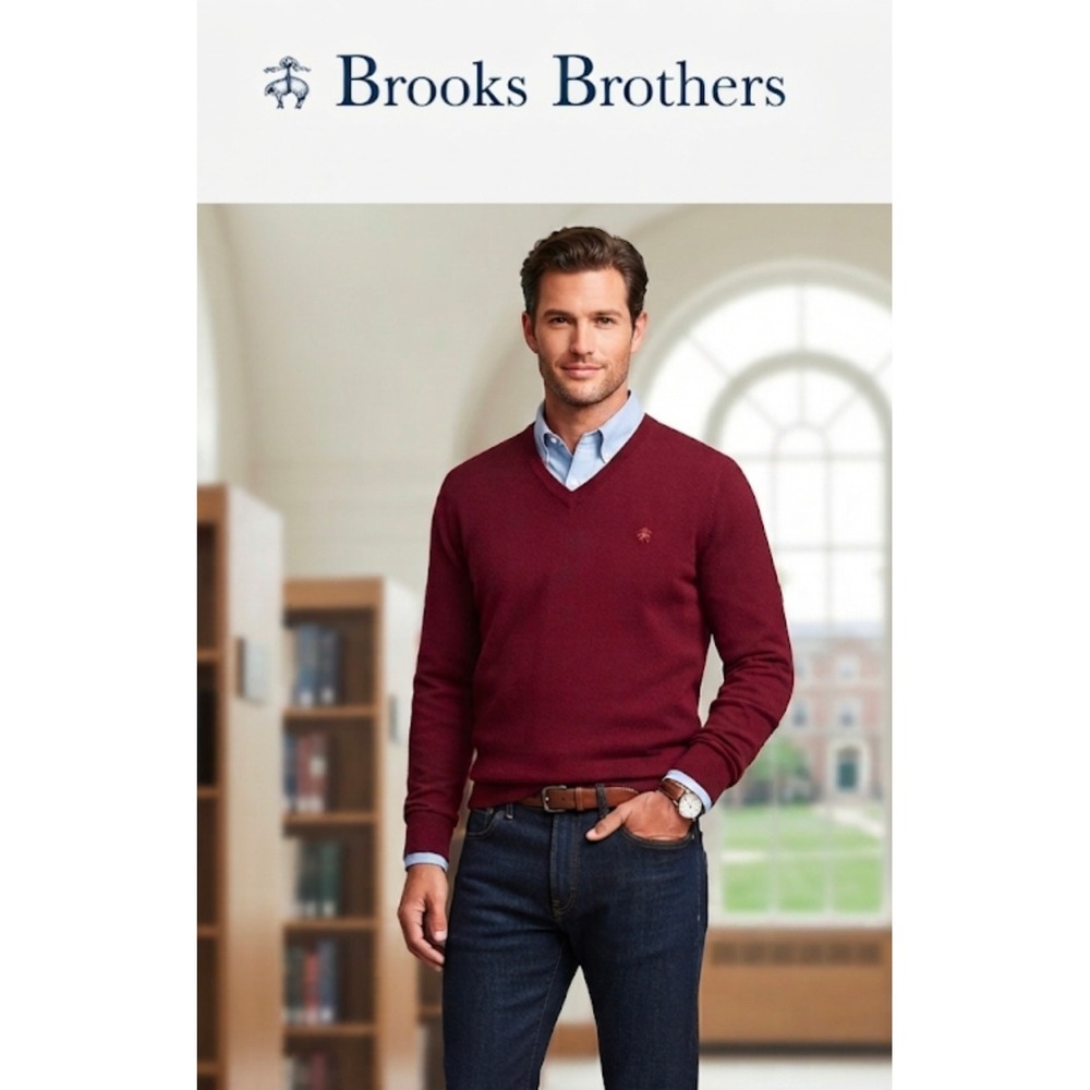 Brooks Brothers Red Fleece Mens V-Neck Sweater Burgundy Maroon Knit Logo M